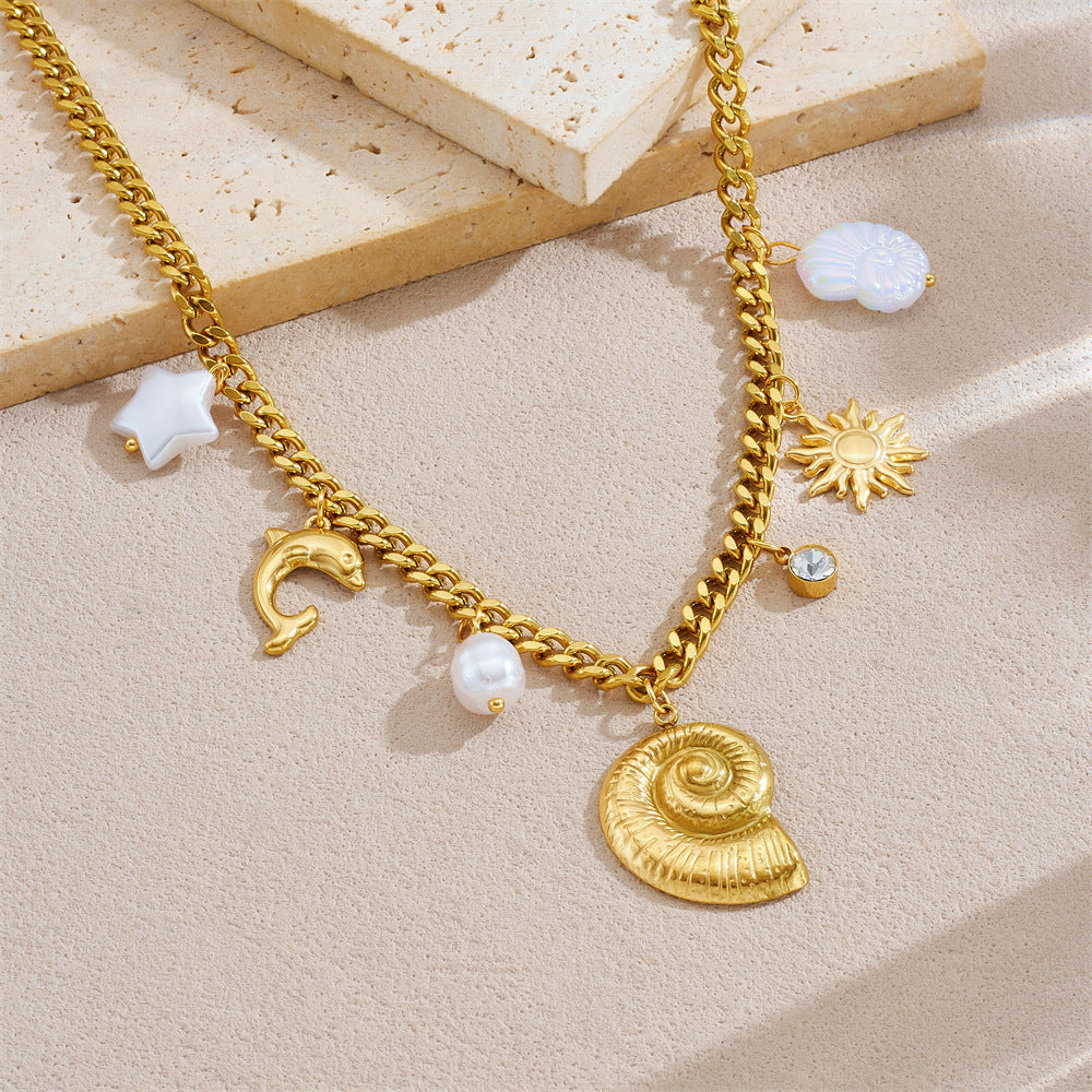 Minimalist Gold Plated Stainless Steel Animal Pendant Necklace with Conch and Dolphin Design for Women