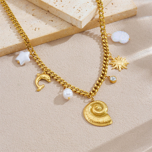 Minimalist Gold Plated Stainless Steel Animal Pendant Necklace with Conch and Dolphin Design for Women