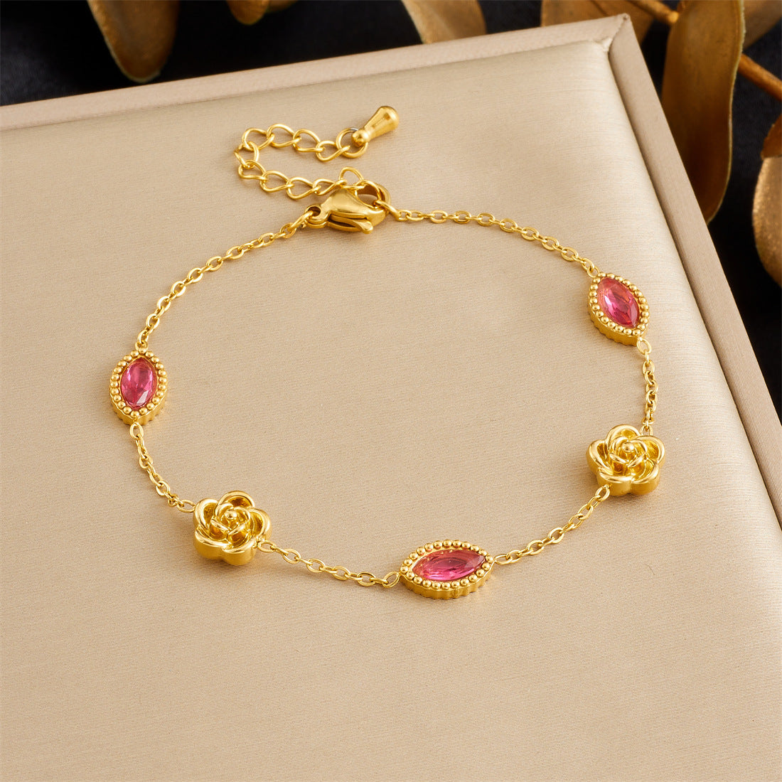 Minimalist Sweet Stainless Steel Drip Oil Plated Heart Floral Fruit Rhinestone Bracelet