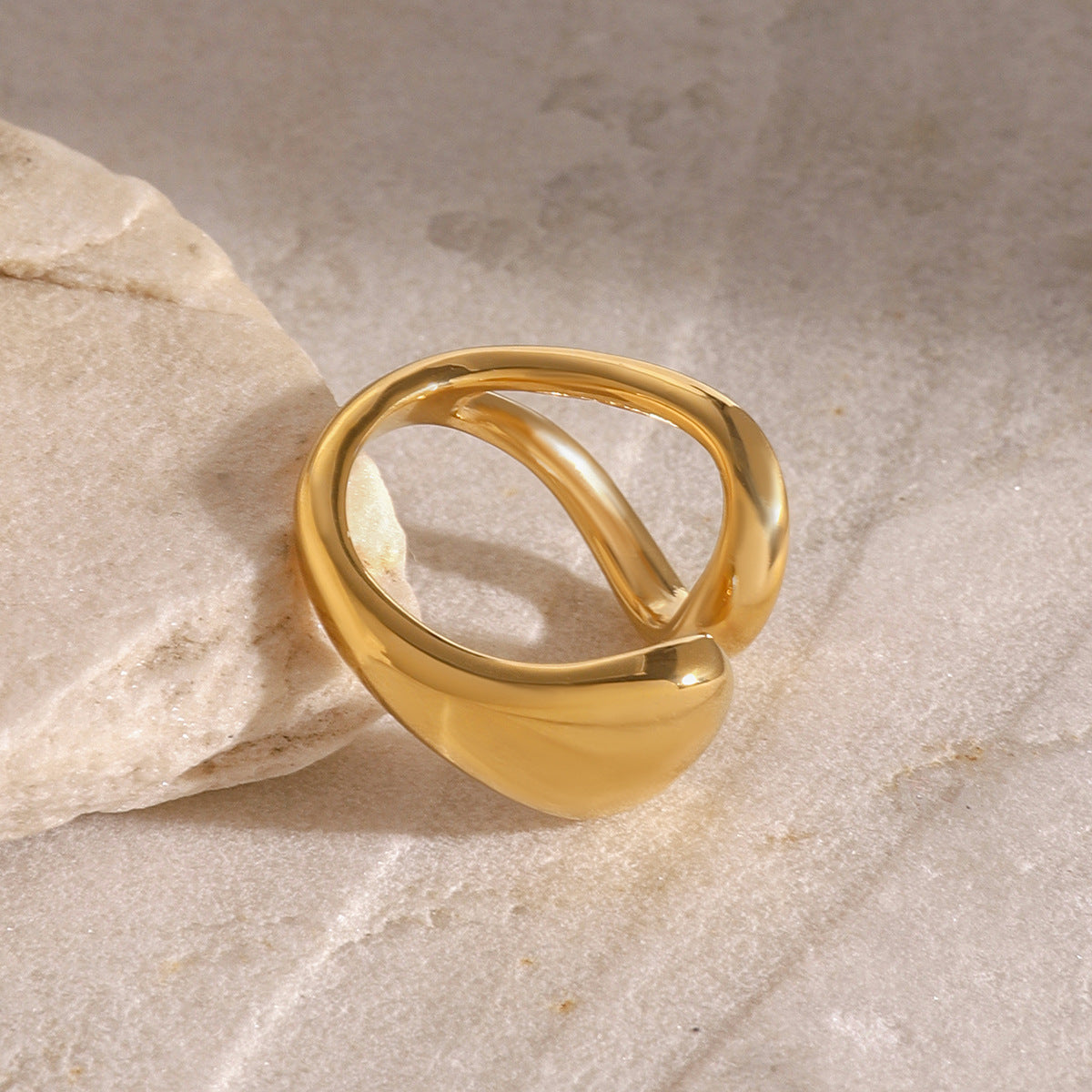 Geometric Stainless Steel Ring with 18K Gold Plating, Open-End Asymmetrical Design, Minimalist Unisex Fashion Jewelry