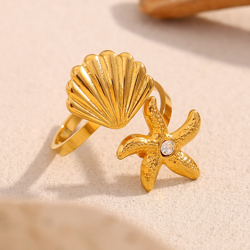 Anillo de Corazón Abierto de Acero Inoxidable con Baño de Oro de 18K y Motivo de Concha, Estilo Vacacional Oceánico y de Moda
