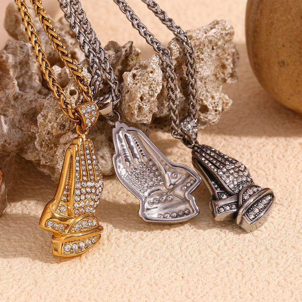 Vintage Hip Hop Geometric Stainless Steel Plated 18K Gold Palm Gesture Pendant Necklace for Men with Twisted Chain