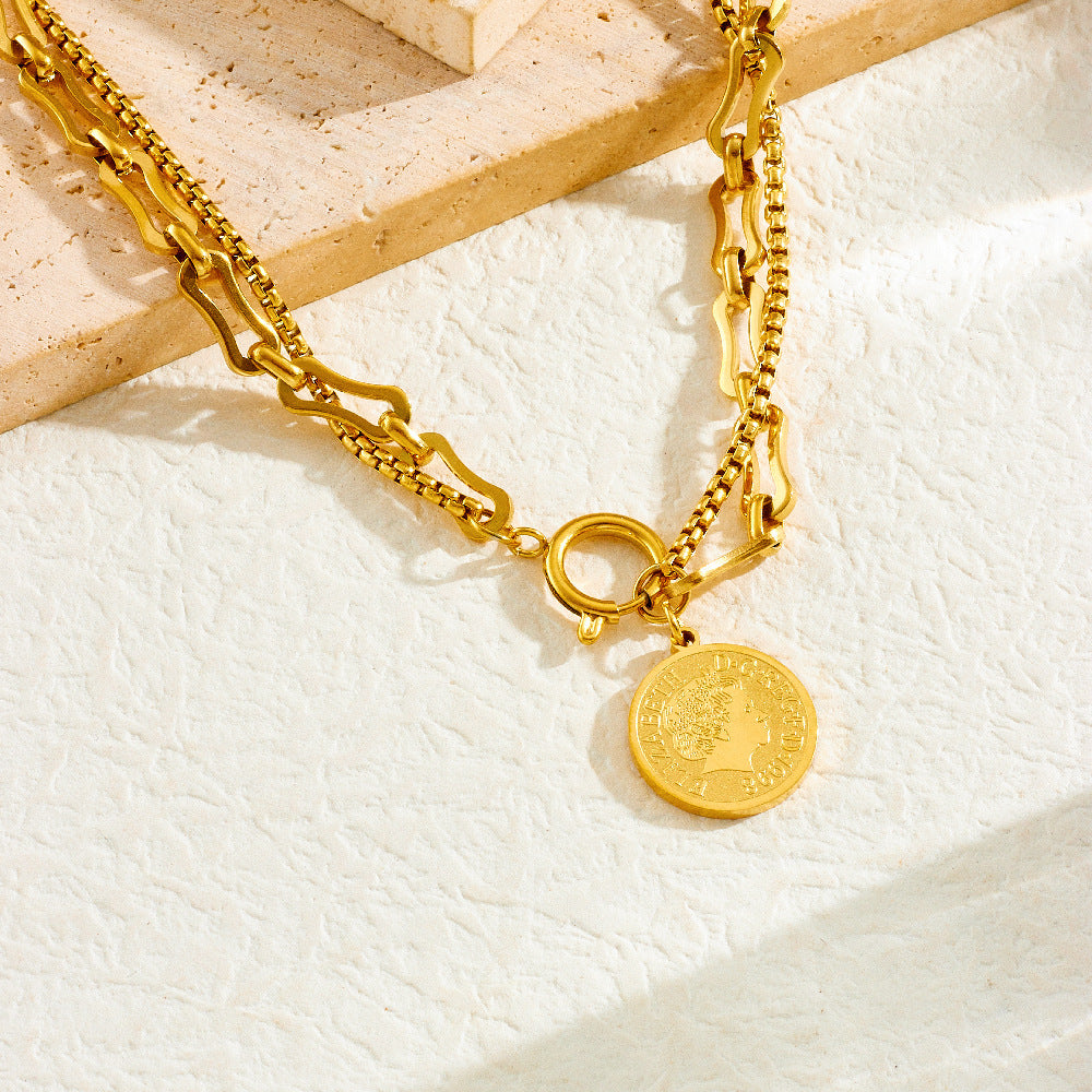 Vintage Gold Plated Stainless Steel Coin Round Star Pendant Tassel Jewelry Set with Box Chain