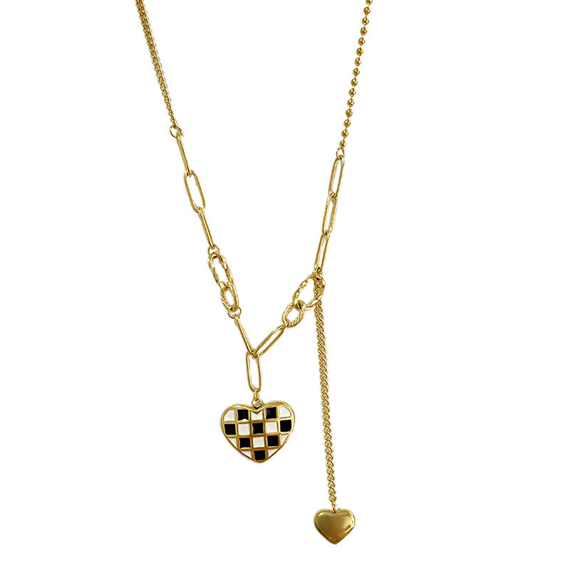 Checkered Heart Gold Plated Titanium Steel Necklace with Tassel for Unisex