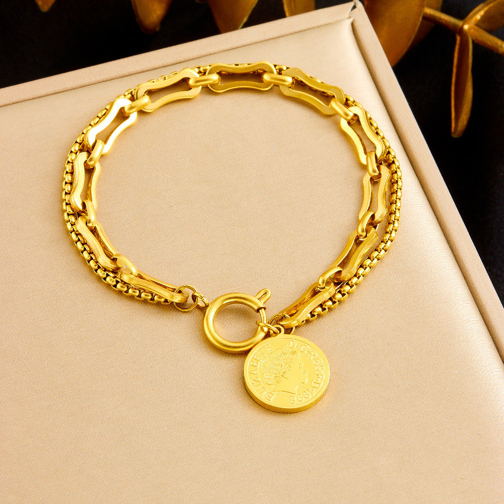 Vintage Gold Plated Stainless Steel Coin Round Star Pendant Tassel Jewelry Set with Box Chain