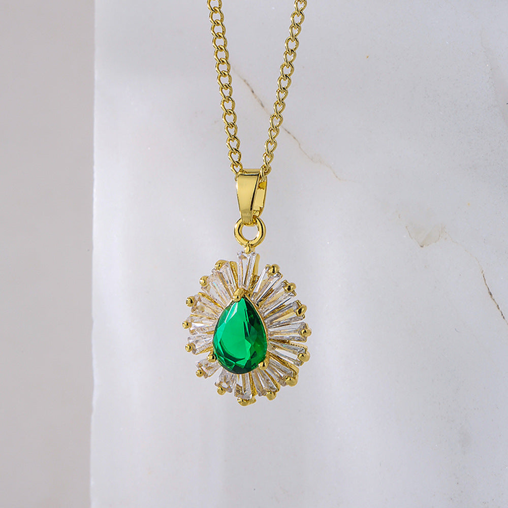 Elegant Water-Drop Shaped Five-Pointed Star Pendant Necklace for Women Made of Brass with Real Gold Plating and Zircon Inlay