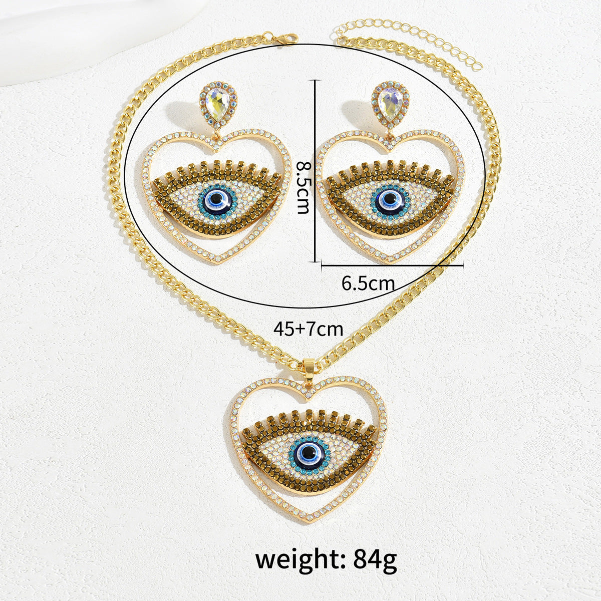 Juego de collar con colgante de ojo turco estilo retro Hip Hop con abalorios de aleación en forma de corazón y campana para mujer