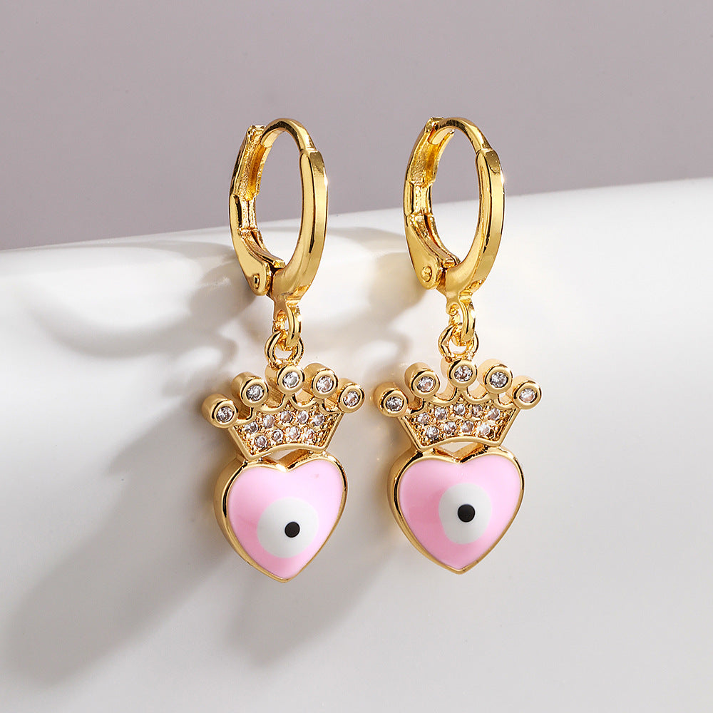 Elegant French-Style Geometric Eye and Heart Earrings for Women in Copper with Gold Plating and Enamel Finish