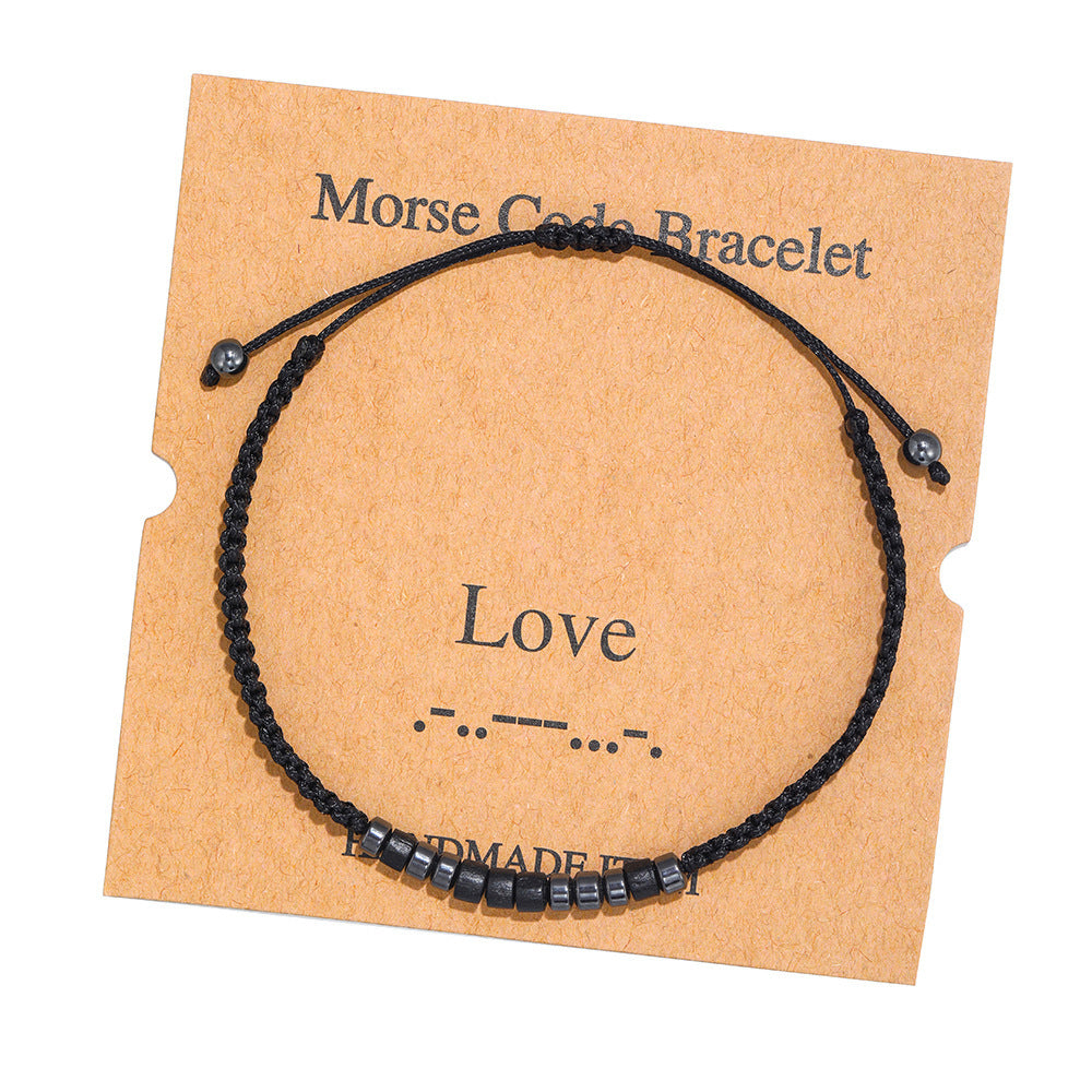 Geometric Morse Code Wood Bead Bracelet Unisex Handmade Braided Card