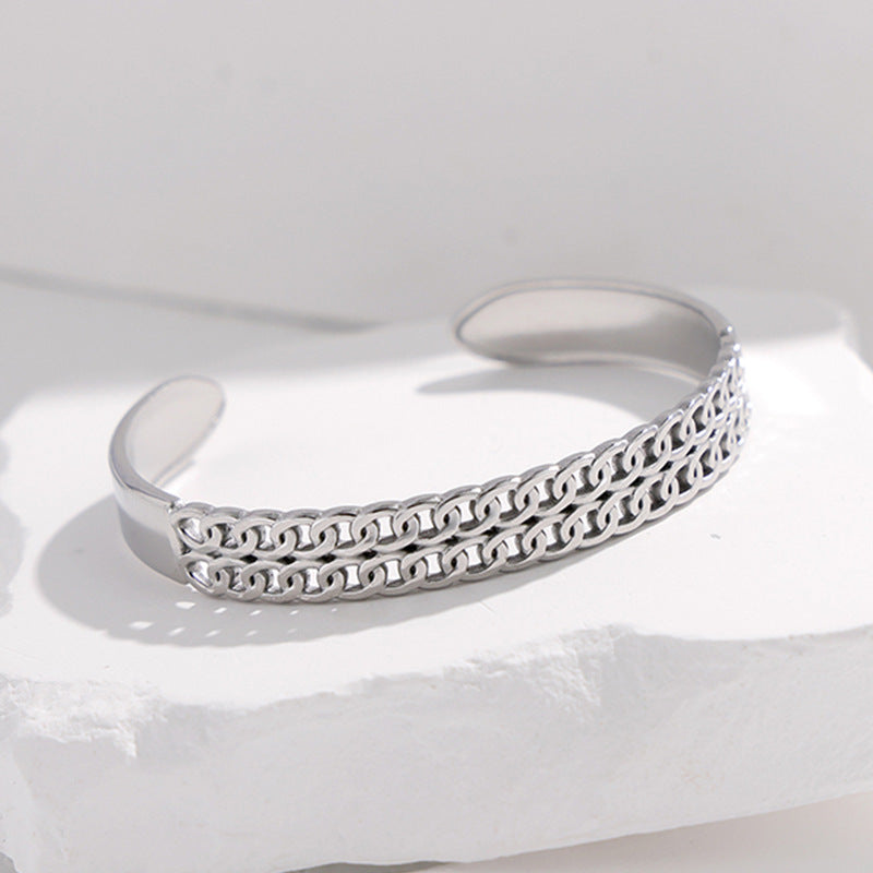 Adjustable Titanium Steel Bracelet for Women with Geometric Line Design Electroplated Finish Statement Cuff