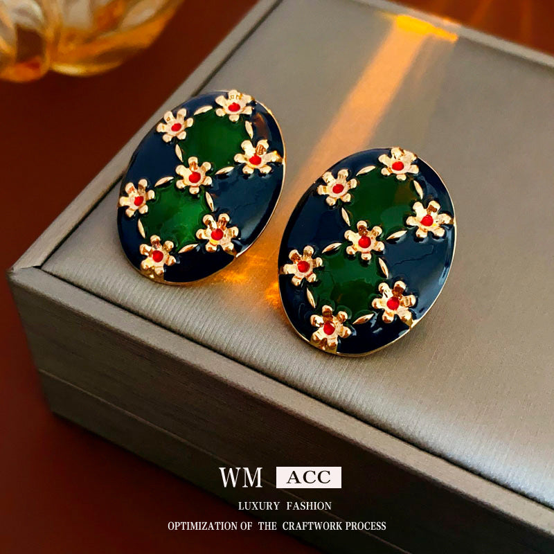 Vintage Floral Oval Enamel Earrings with Silver-Plated Copper Base and 14K Gold Posts for Women