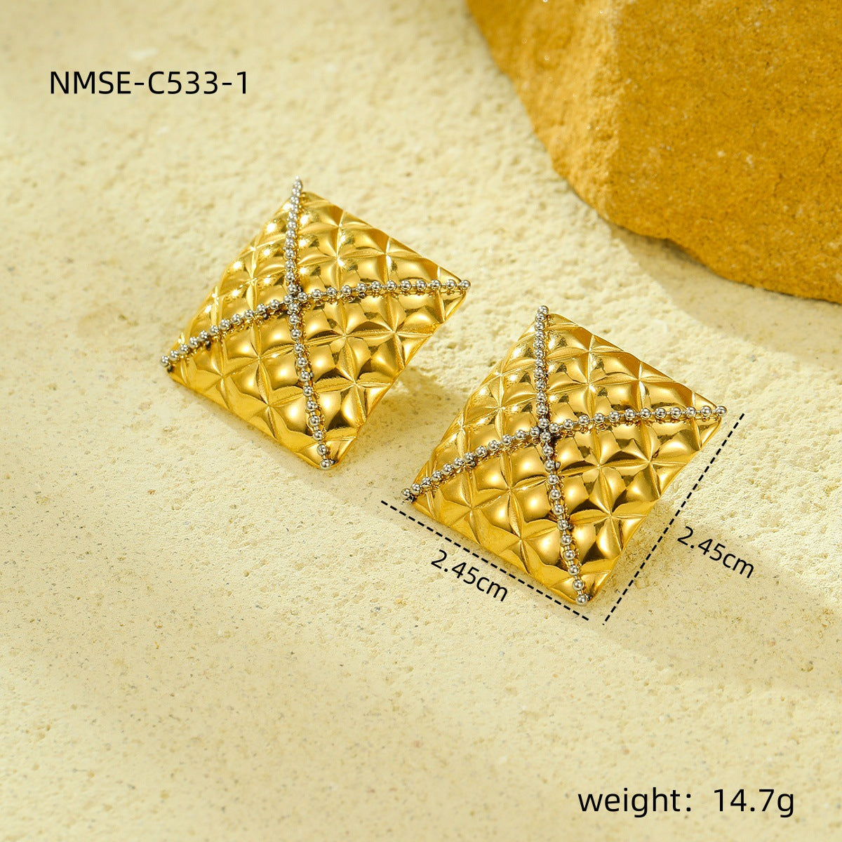 Pendientes de botón cuadrados a cuadros de acero inoxidable con circonitas engastadas para mujer, con chapado en oro y atractivo minimalista de lujo