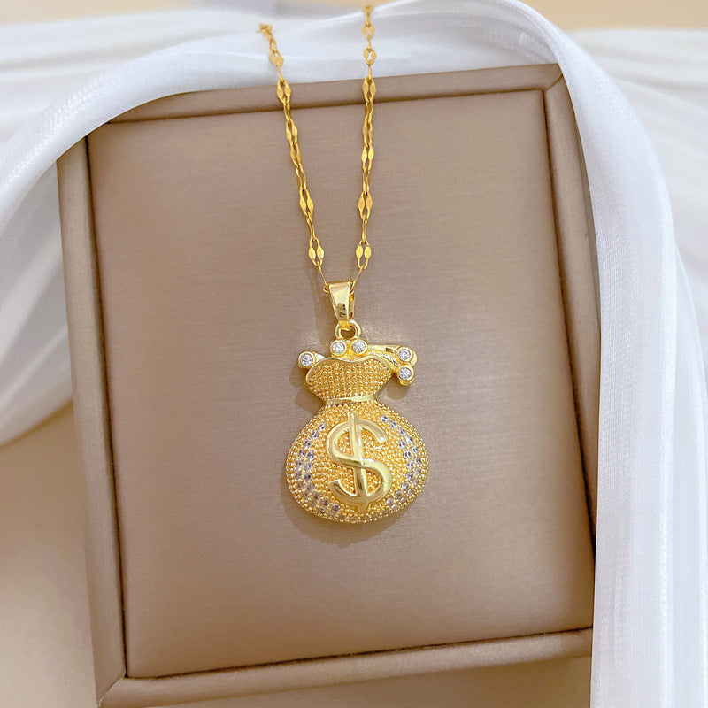 Sweet Geometric Rhinestone Money Bag Pendant Necklace Titanium Steel Cable Chain for Women and Men