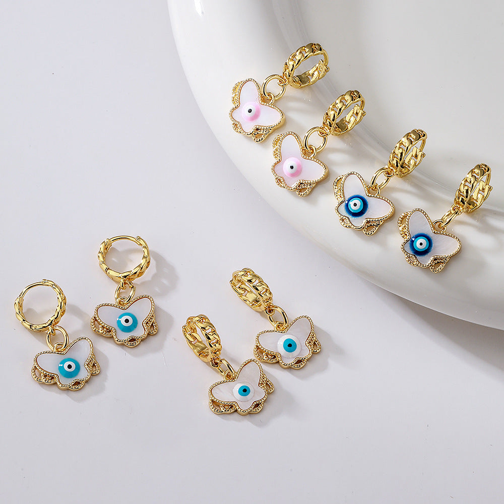 Orecchini Pendenti Minimalisti a Forma di Farfalla in Rame con Placcatura in Oro e Dettaglio Occhio in Smalto da Donna