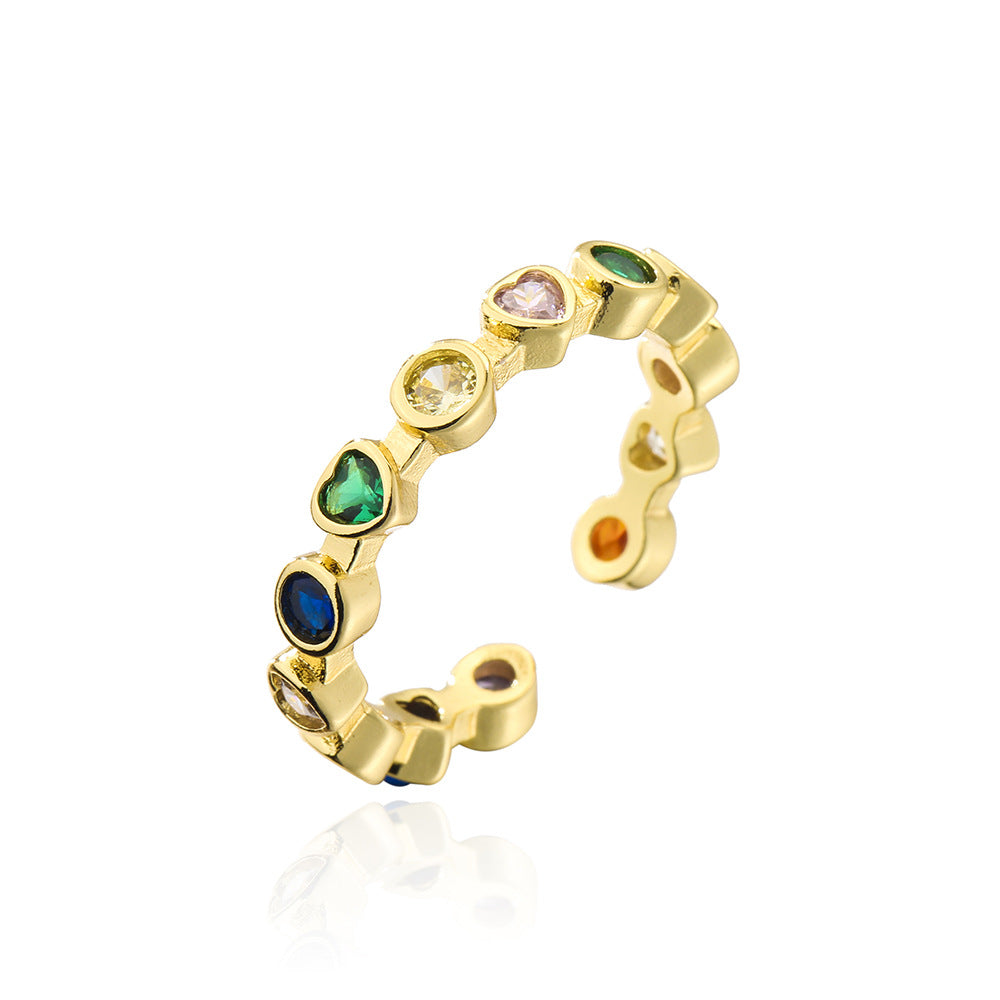 Geometric Open Ring in Copper with 18K Gold Plating and Colorful Zirconia, Minimalist Fashion Accessory for Women