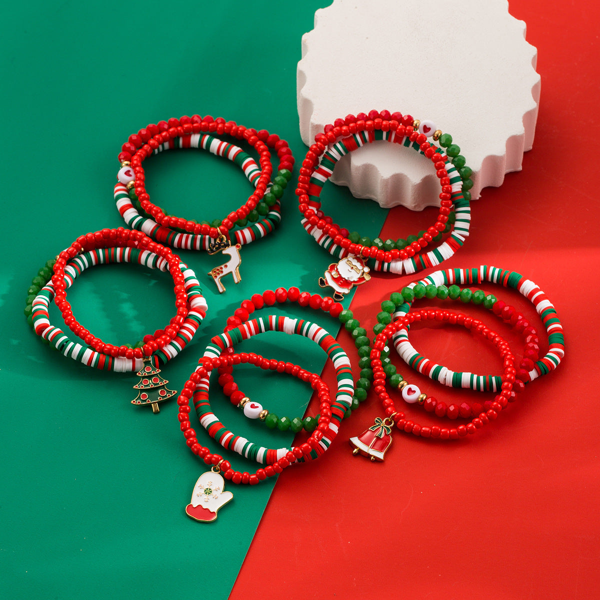 Christmas Beaded Bracelet Set with Santa Claus Pendant Geometric Alloy Charm Bar Unisex Holiday Gift