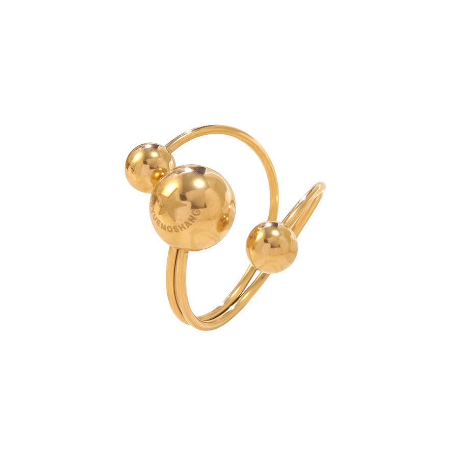 Minimalist Stainless Steel Plated Geometric Round Asymmetric Three-Ball Open Ring for Women