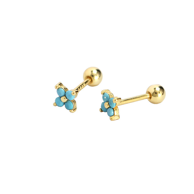 Orecchino a perno filettato da donna minimalista in argento sterling 925 con intarsi floreali e zirconi cubici