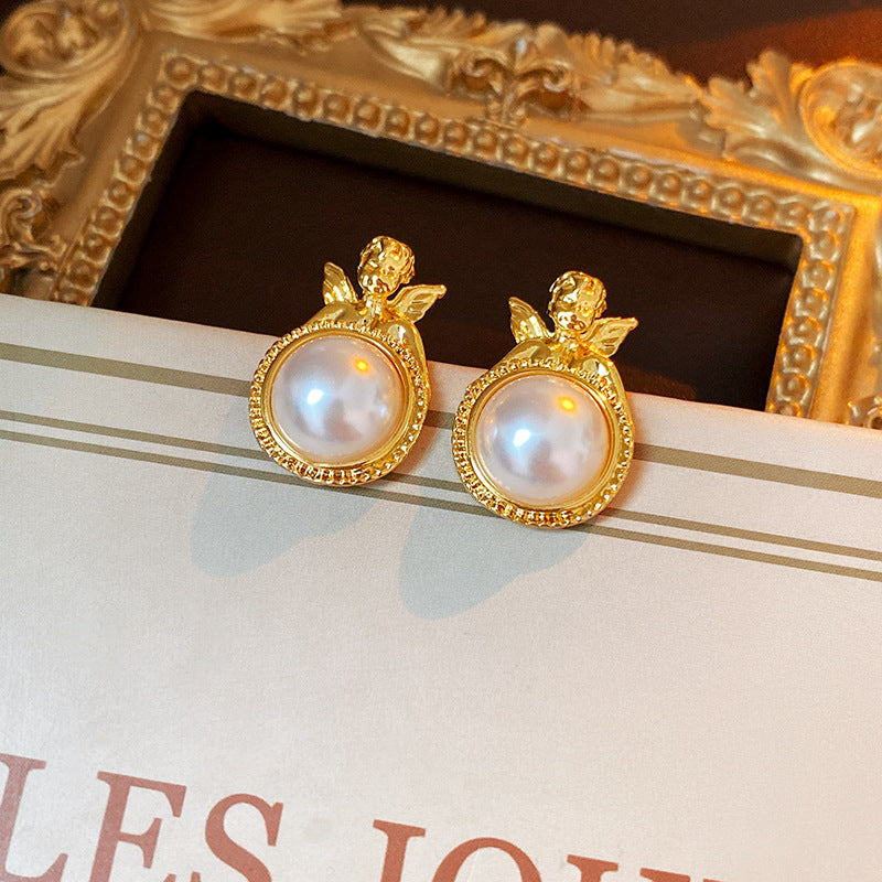 Vintage Angel Earrings for Women with Pearl Accents, Geometric Alloy Studs, Gold-Plated Stainless Steel Posts, Hypoallergenic and Fade-Resistant