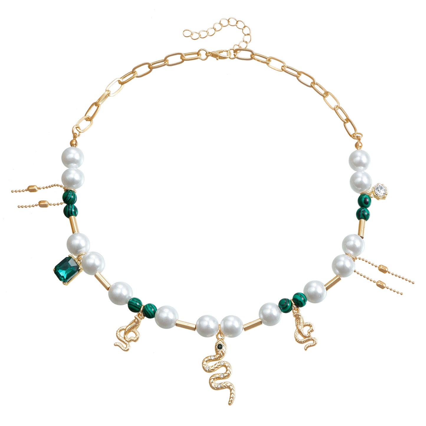 Snake-Shaped Alloy Pendant Necklace with Imitation Pearl and Turquoise Inlay, Electroplated Clavicle Chain for Women