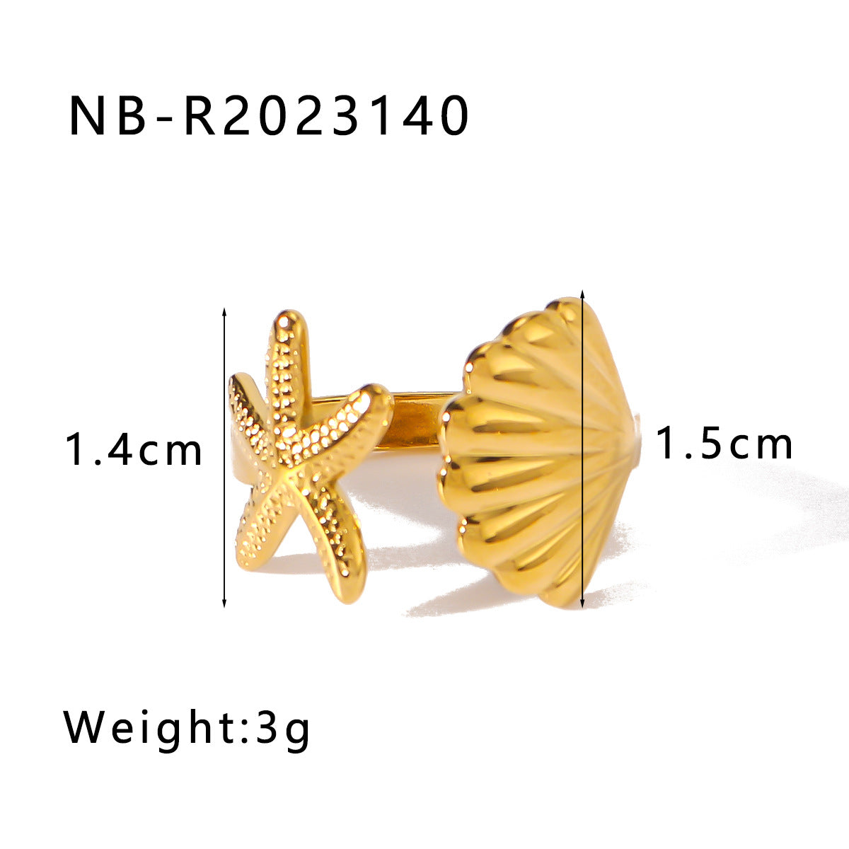 Anello Unisex in Acciaio Inossidabile a Forma di Stella Marina Stile INS, con Textura a Conchiglia e Placcatura Sottovuoto in Oro 18K
