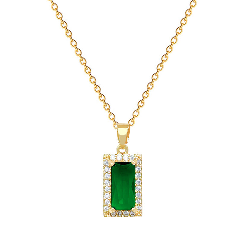 Sweet Minimalist Green Square Geometric Rhinestone Pendant Titanium Steel Necklace for Unisex