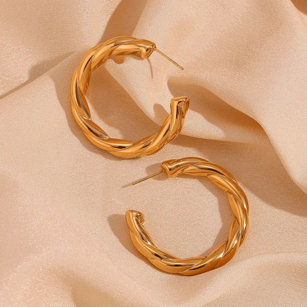 Minimalist Geometric Stainless Steel 18K Gold Plated Hollow C-Shaped Earrings for Women with Textured Hemp Pattern