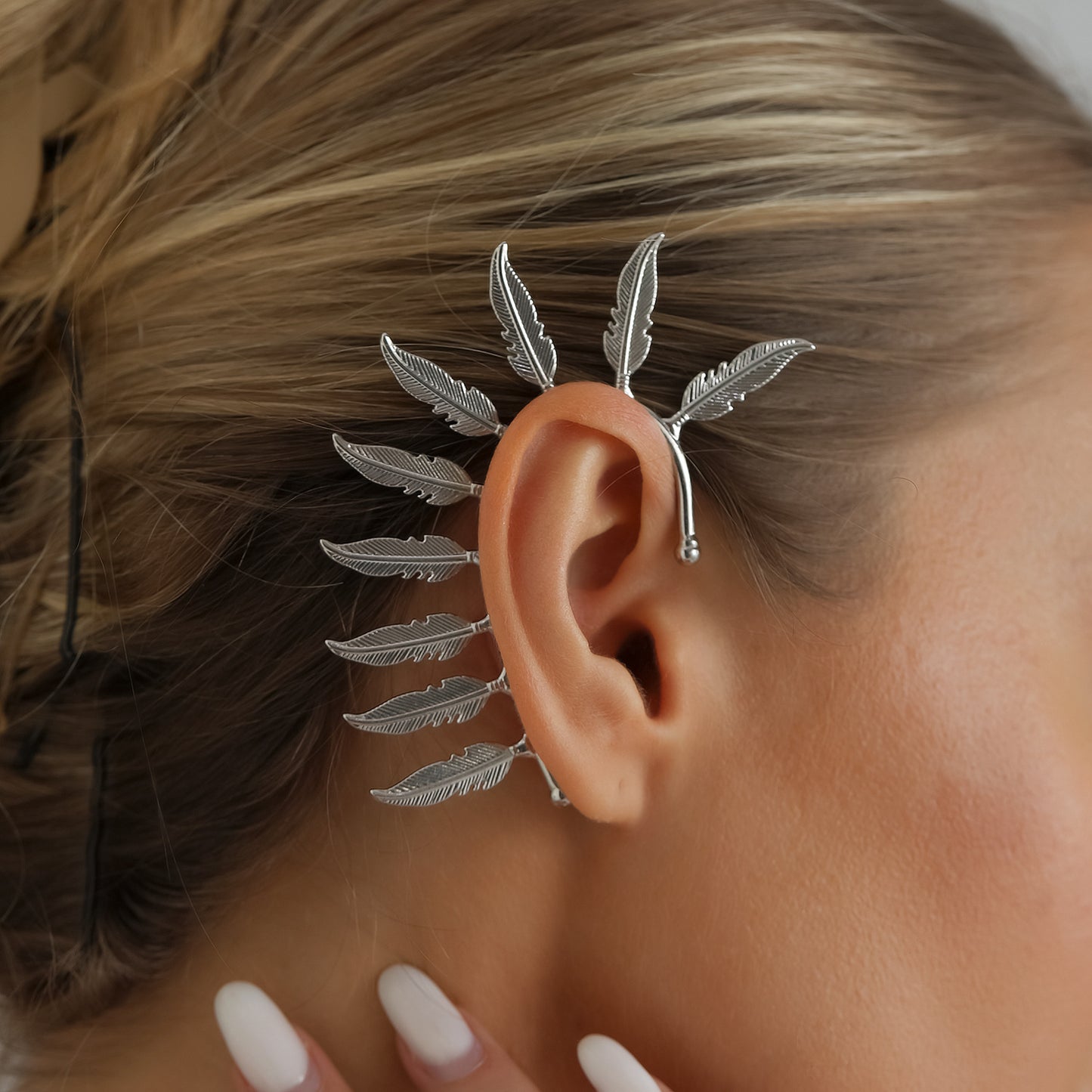 Exaggerated Alloy Plated Feather Ear Cuff for Women