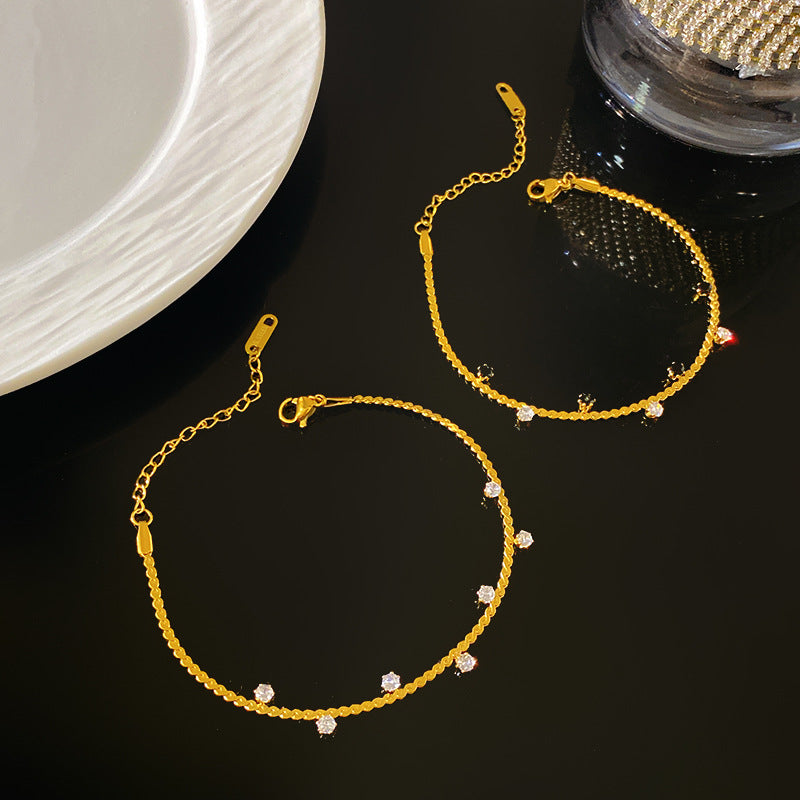 Gold Plated Titanium Steel Braided Rope Chain Bracelet with Geometric Rhinestone Faceted Design