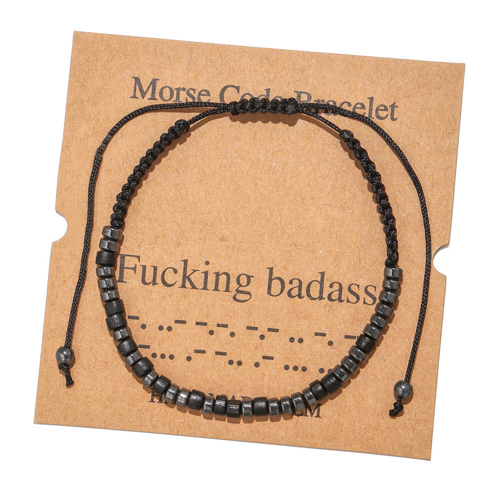 Geometric Morse Code Wood Bead Bracelet Unisex Handmade Braided Card