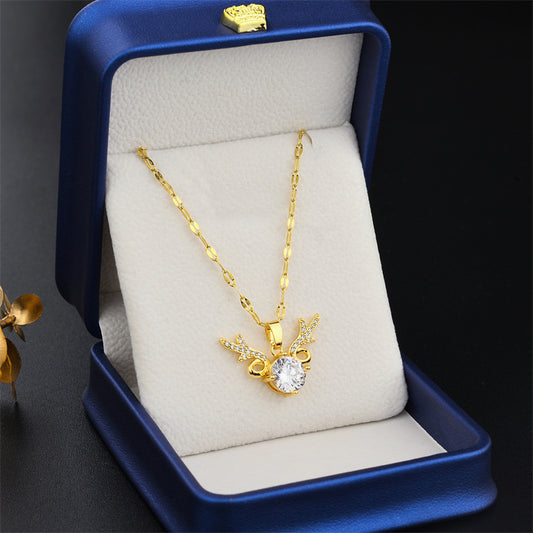 Luxury Rhinestone-Studded Deer Antler Pendant Necklace for Women in Titanium Steel with Plated Finish and Ball Chain