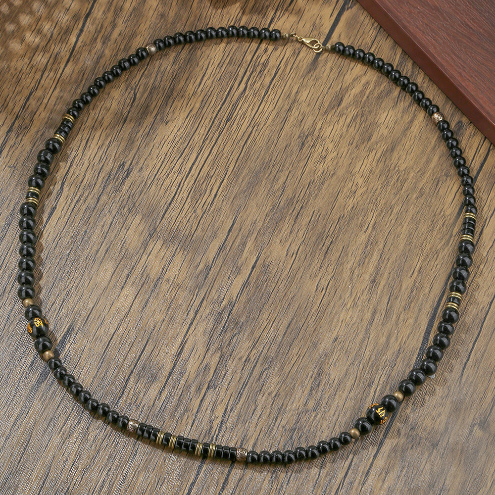 Vintage Ethnic Geometric Wood Necklace with Black Agate and Alloy Pendant for Men