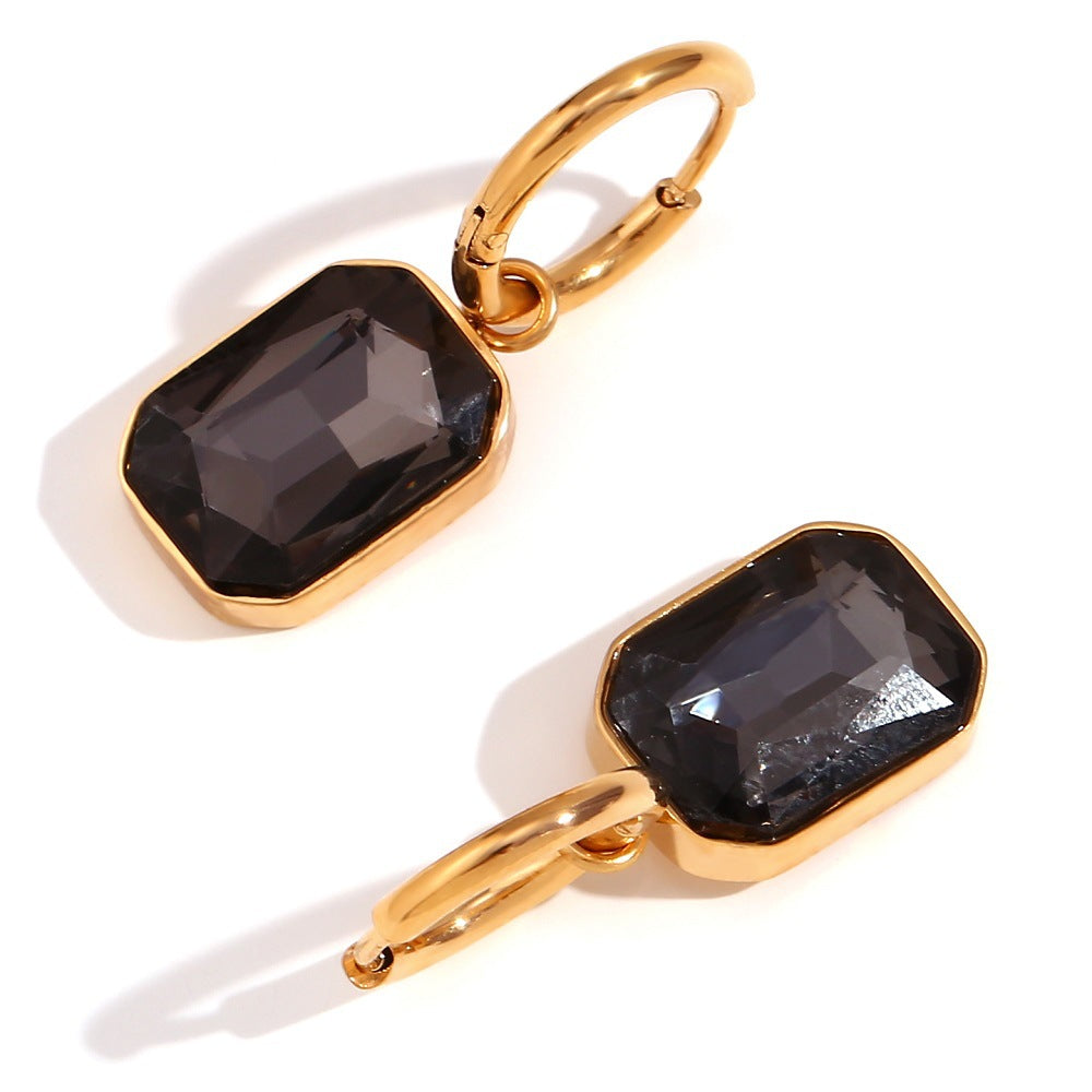 Fashionable Geometric Stainless Steel Earrings with 18K Gold Plating and Rectangular Cubic Zirconia Pendants for Women
