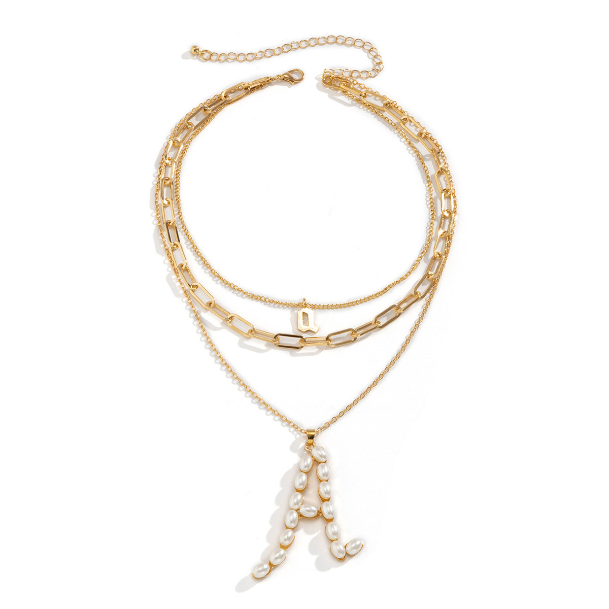 Collar con inicial geométrica de perlas de imitación multicapa con cadena y cruz para mujer