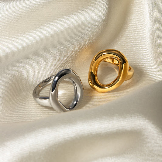 Minimalist Geometric 18K Gold Plated Stainless Steel Hollow Oval Ring for Women