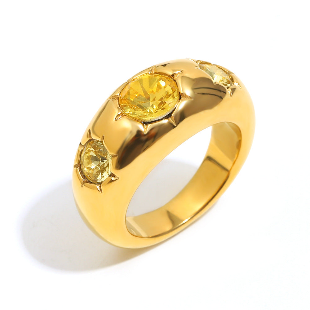 Minimalist Geometric Stainless Steel Ring with 18K Gold Plating and Three Zirconia Stones for Women