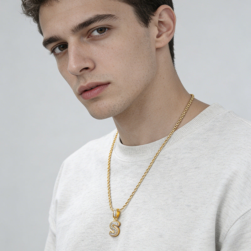Personalized 18K Gold Plated Brass Cubic Zirconia Letter Pendant Necklace with Stainless Steel Rope Chain