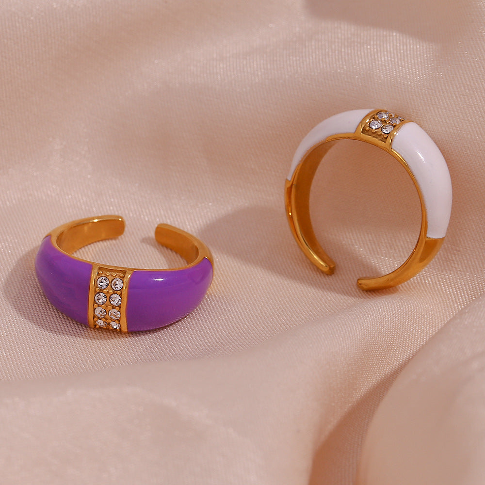Minimalist Geometric Stainless Steel Ring with 18K Gold Plating and Enamel Finish for Women