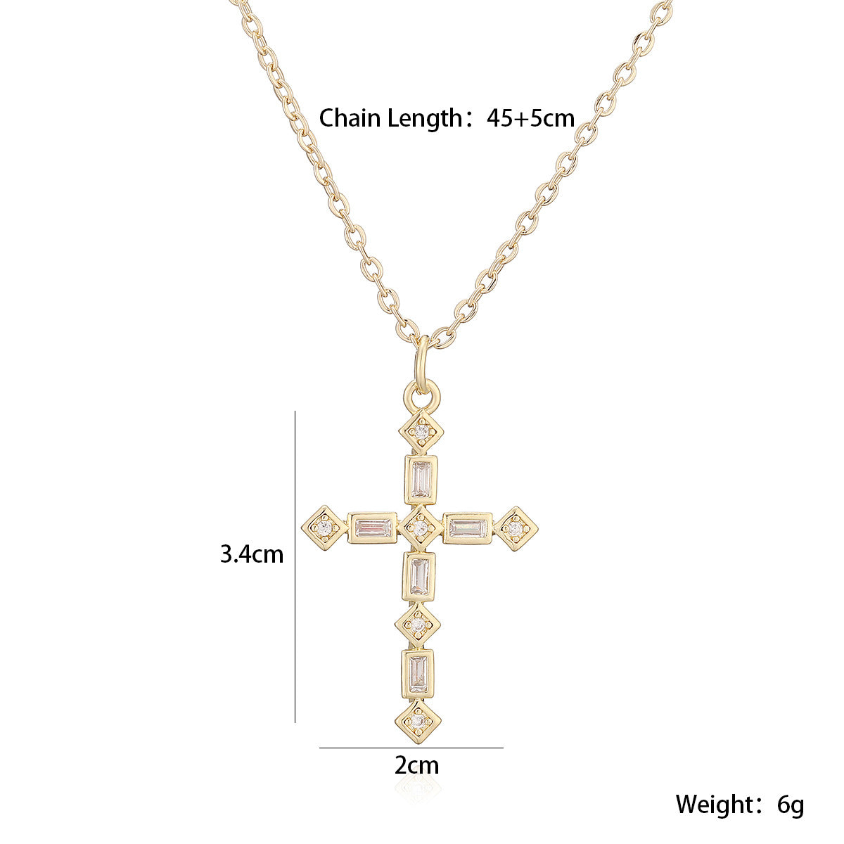 Minimalist 18K Gold Plated Brass Cross Pendant Necklace with Cubic Zirconia for Women