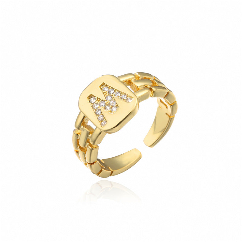 Minimalist Letter Shape Copper Ring with Micro-Pavé Setting Adjustable Geometric Band