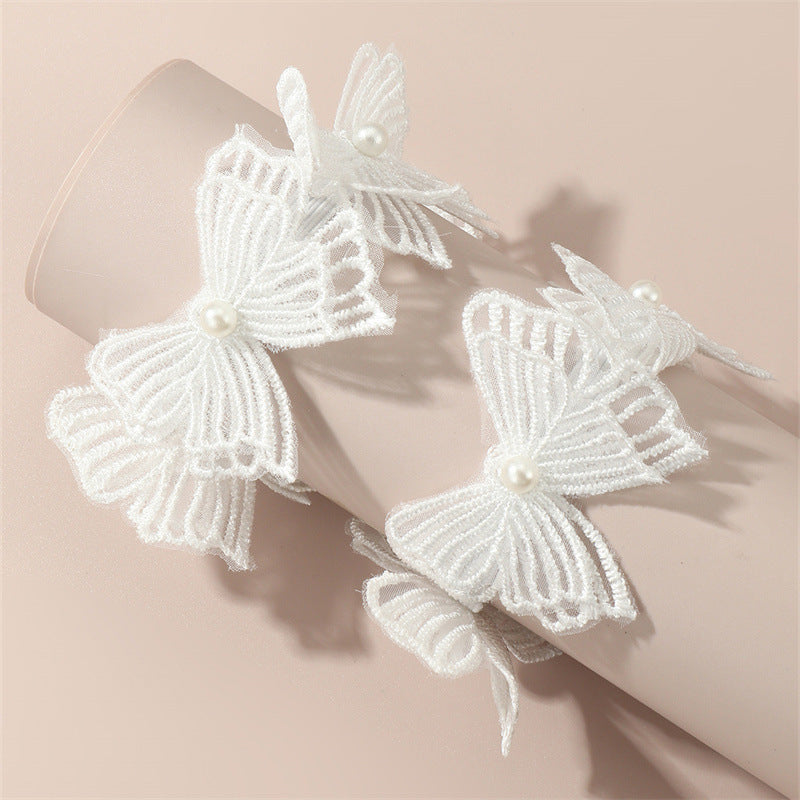 Set di elastici per capelli con fiocco a farfalla per bambini, con perle ricamate e passamaneria in pizzo di organza bianca
