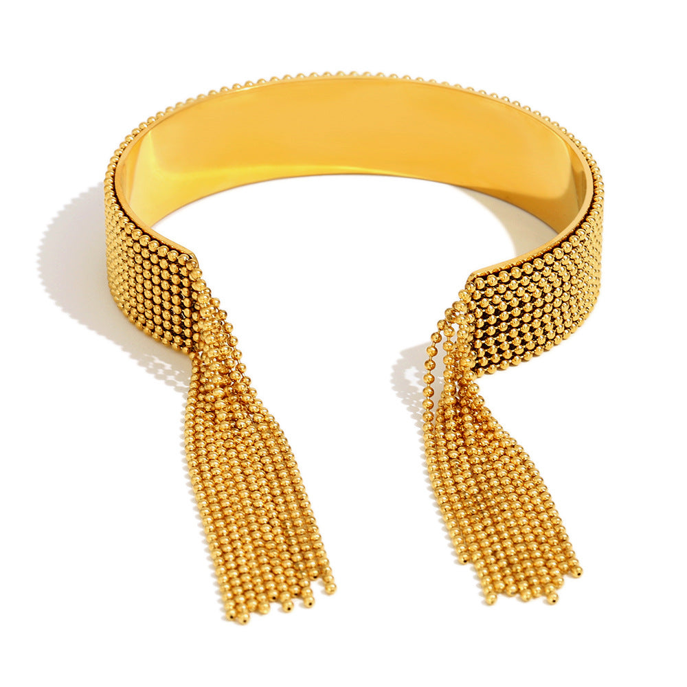 Minimalist Geometric Stainless Steel Plated 18K Gold Beaded Tassel Wide Cuff Bracelet for Women