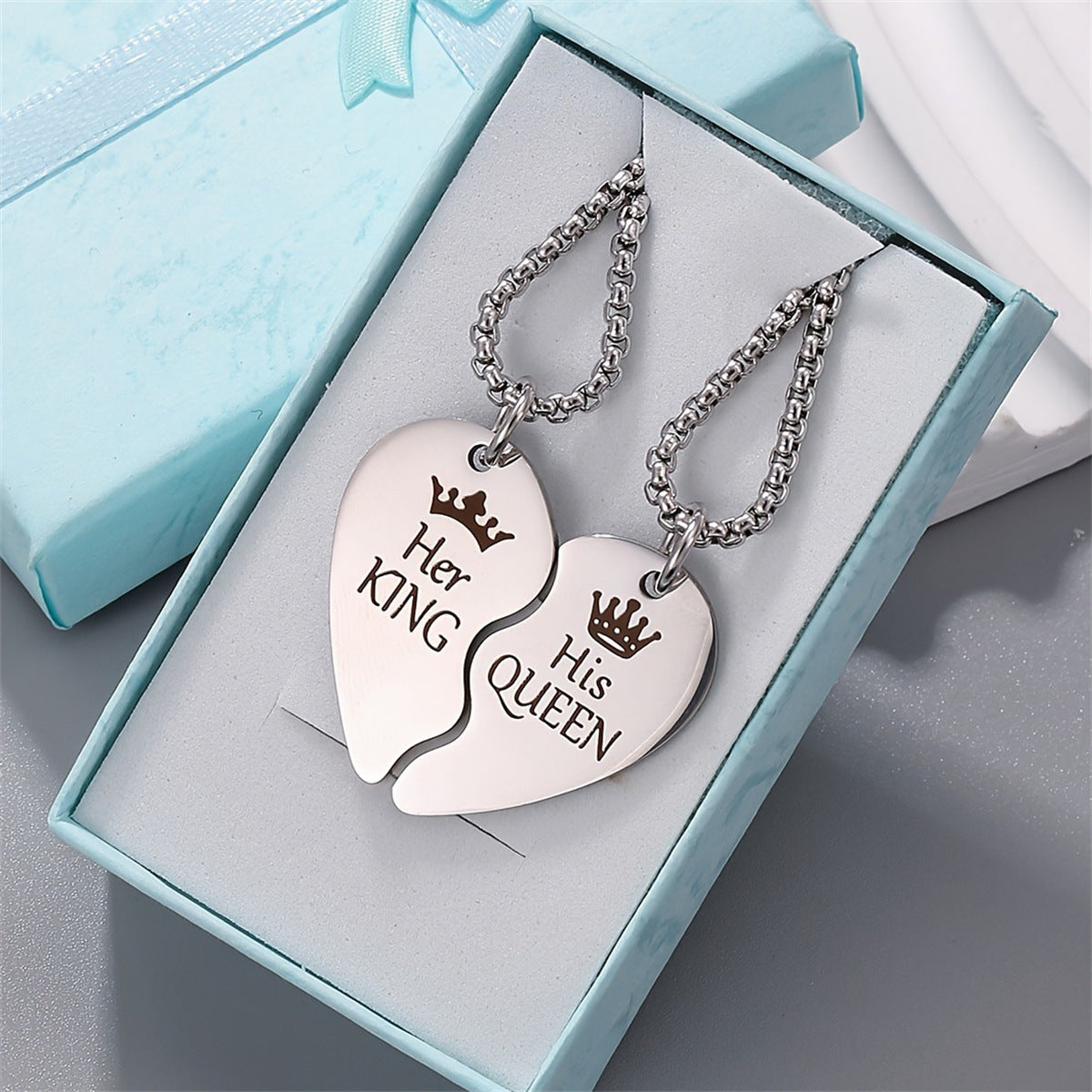 Personalized King and Queen Stainless Steel Pendant Necklace for Women with Polished Titanium Steel Charm and Drop Shape Design