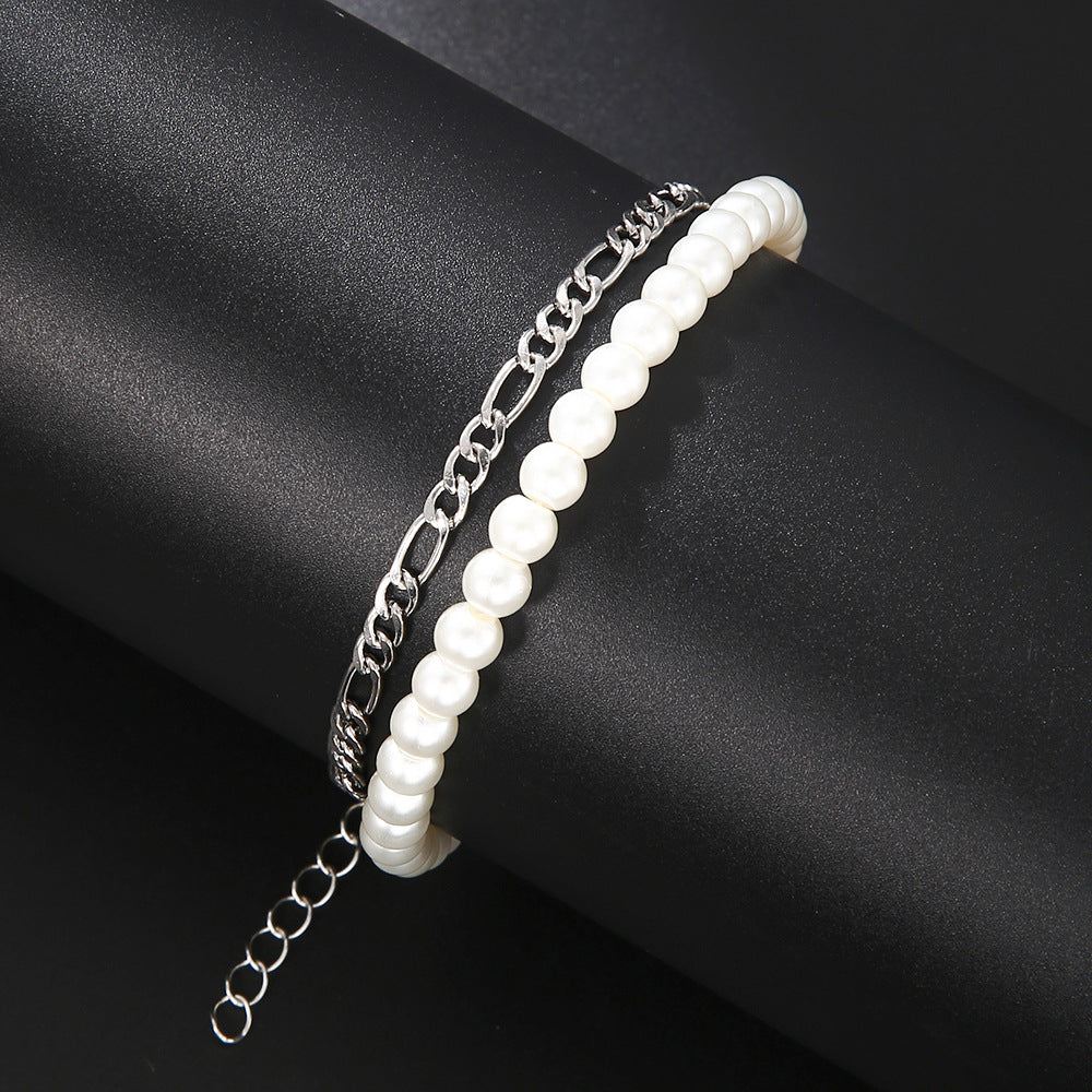Minimalist Geometric Round Pearl Handmade Brass Iron Chain Bracelet Unisex