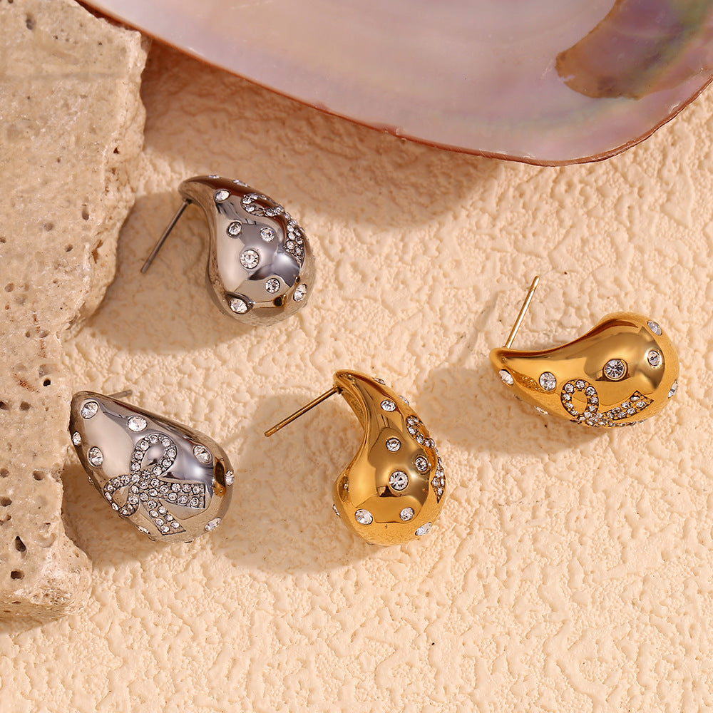Fashionable Water-Drop-Shaped Stainless Steel Earrings with 18K Gold Plating and Rhinestone Inlay for Women