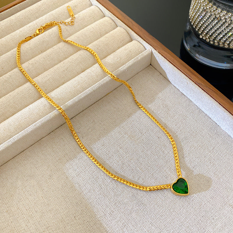 Luxury Heart Geometric Stainless Steel Plated Necklace with Green Gemstone for Women