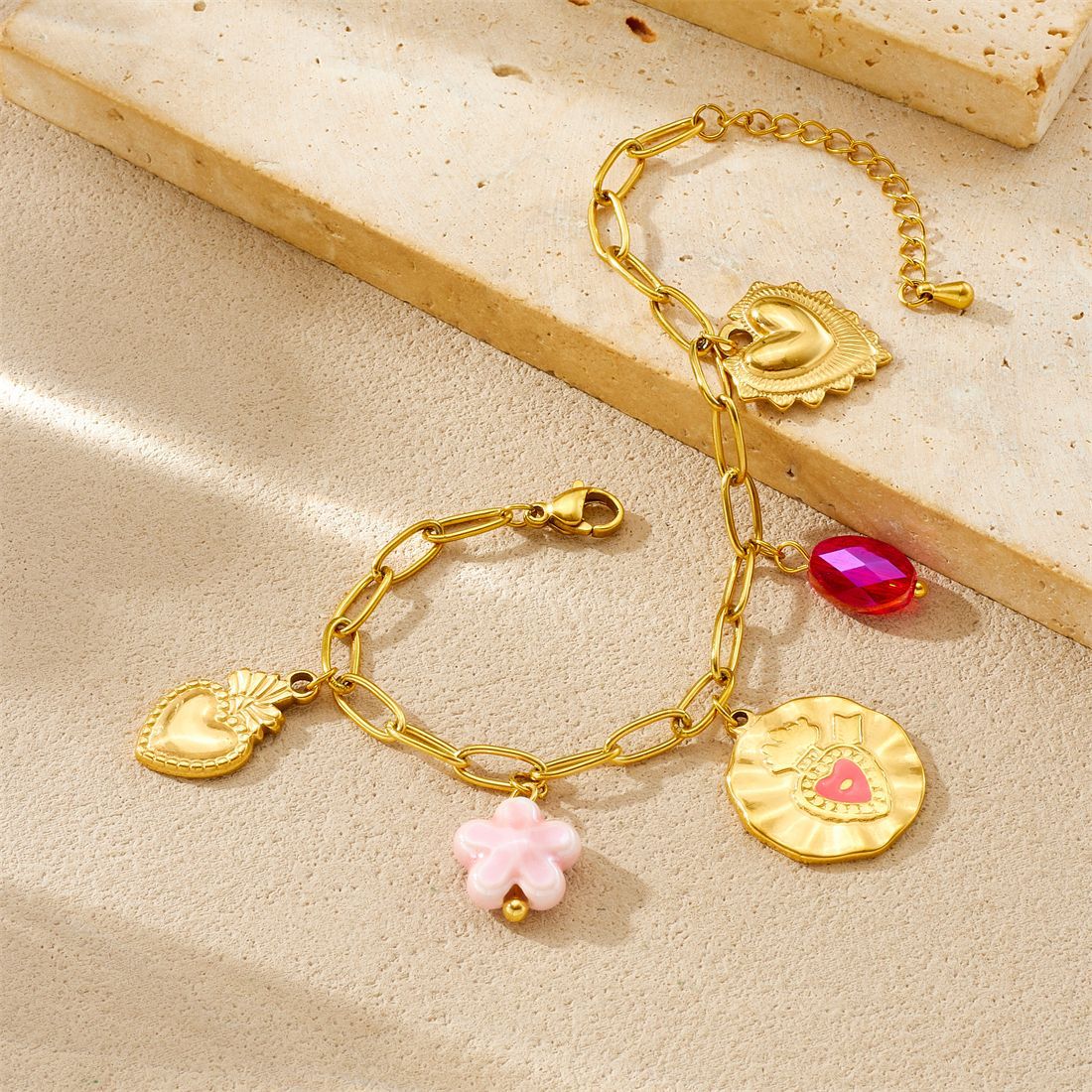 Sweet Gold Plated Drip Oil Round Heart Flower Stainless Steel Necklace and Bracelet Set with Serpentine Chain for Women