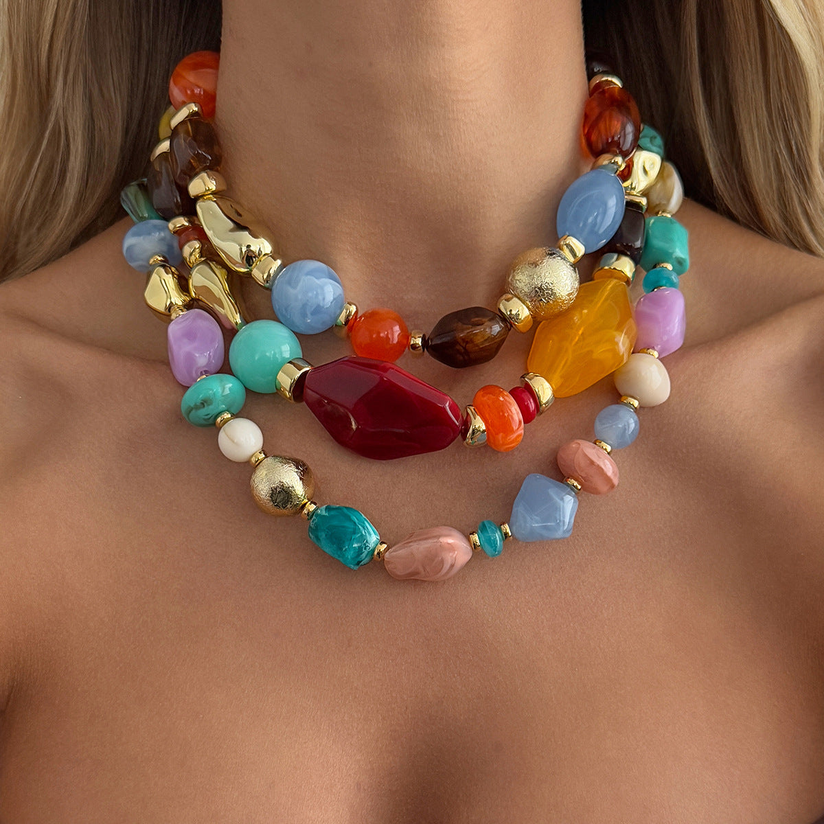 Vintage Geometric Oval Resin and Imitation Pearl Beaded Necklace for Women