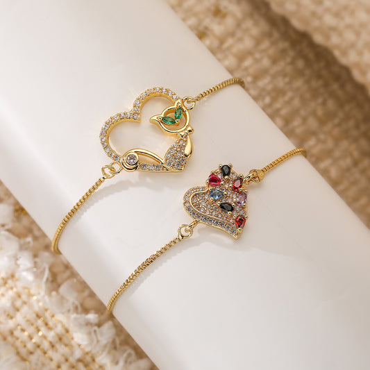 Pulsera de mujer con corazón minimalista, elegante, de cobre chapado en oro, circón y gato