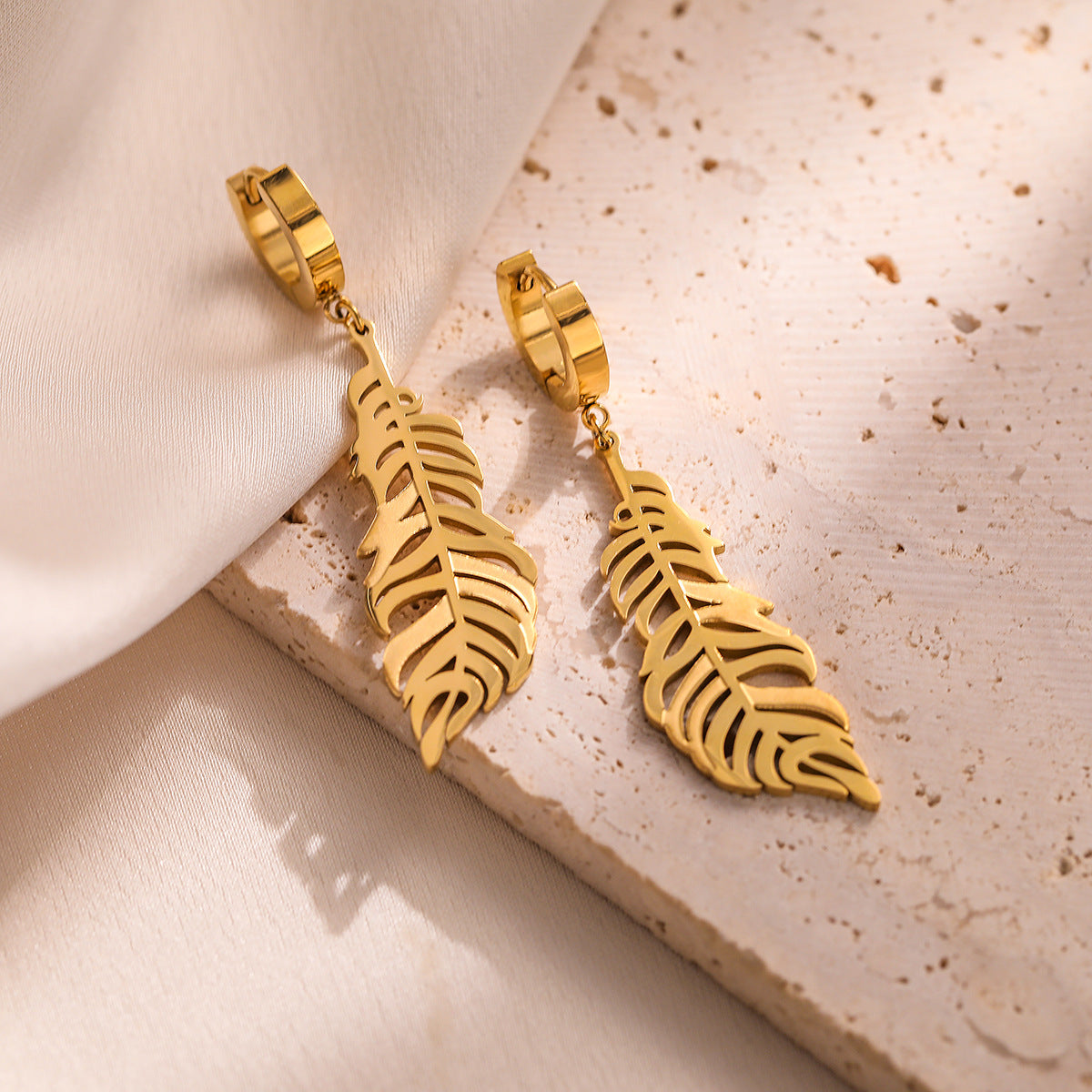 Minimalist Leaf-Shaped Titanium Steel Earrings for Women with Real Gold Plating